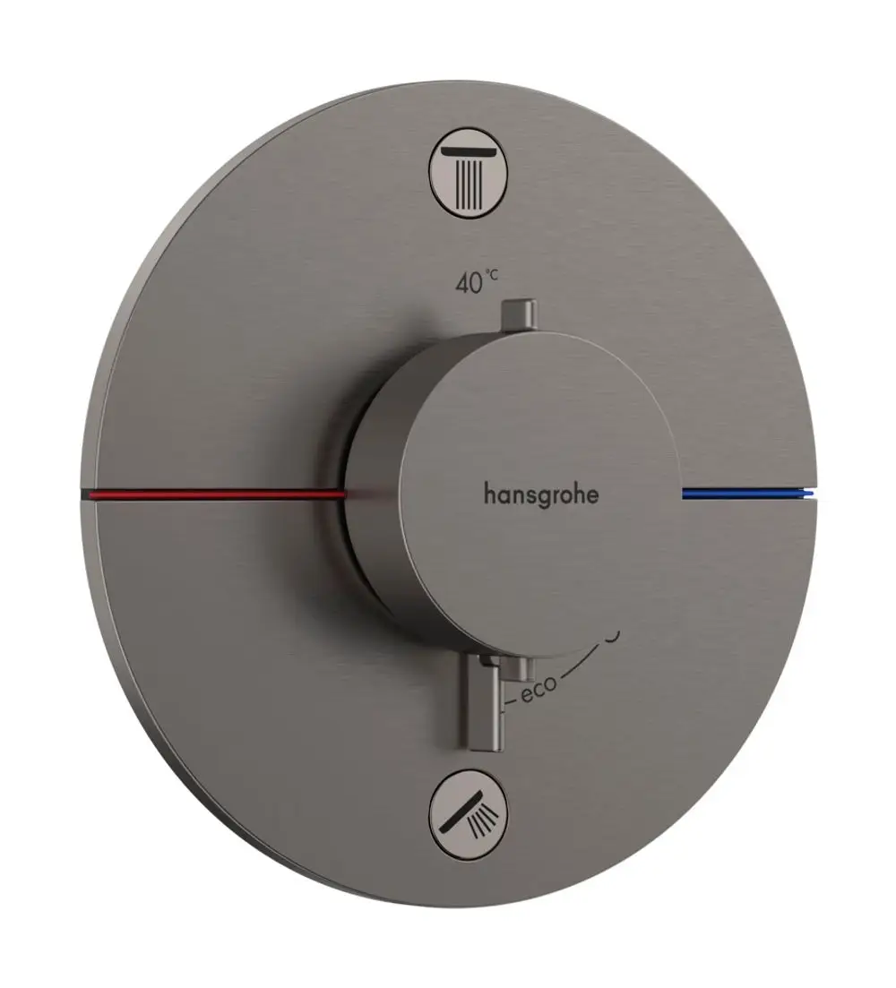 Thermostat-Bedienelement von Hansgrohe in gebürstetem Schwarzchrom, mit Temperaturmarkierungen und Symbolen für Eco- und Duschfunktion.